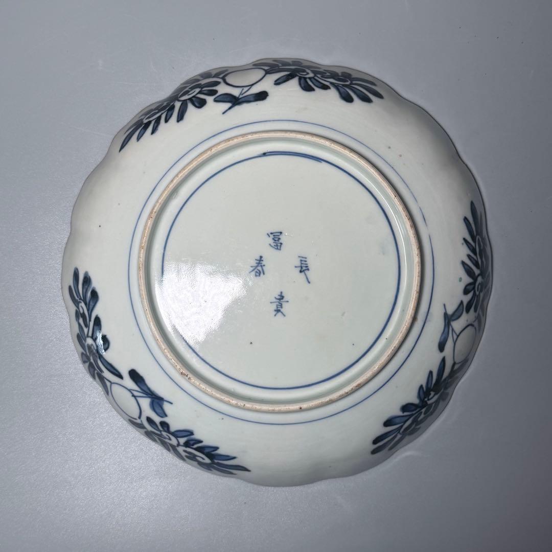 江戸後期　古伊万里　色絵うさぎ文様輪花形七寸皿　五客　冨貴長春　21.8cm