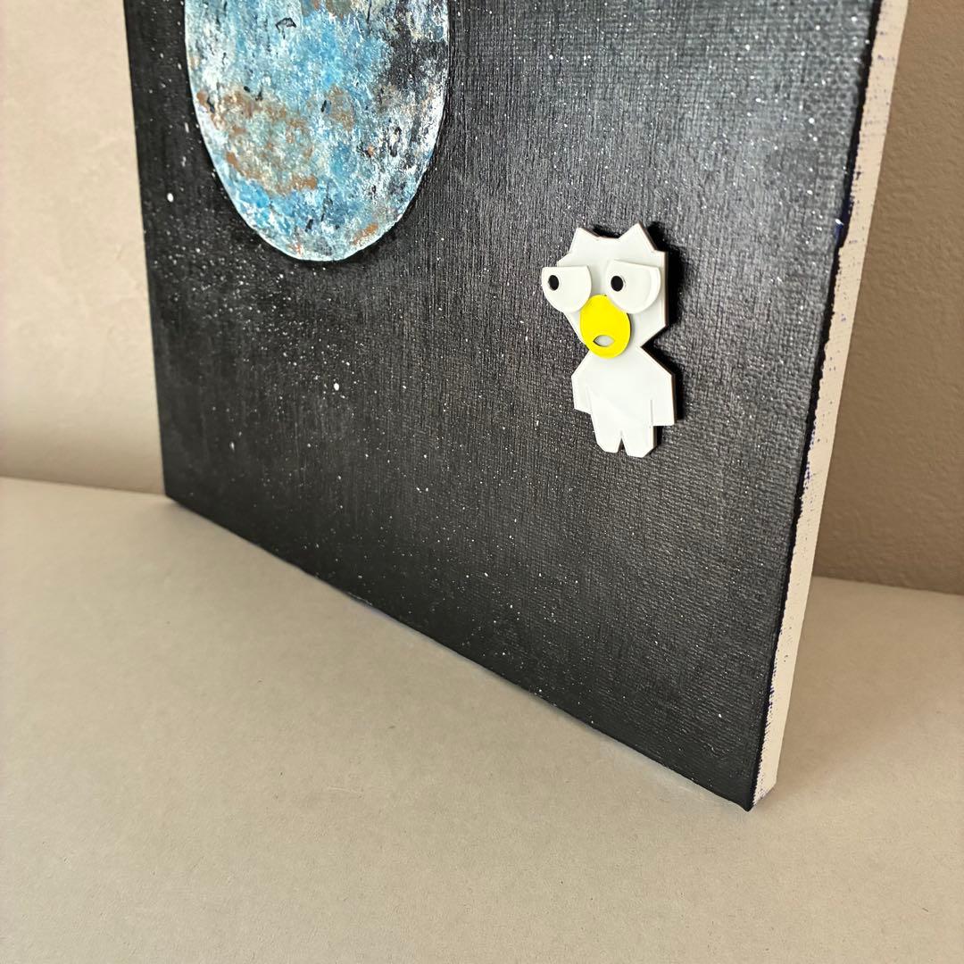 宇宙のアクリル画 地球と猫のキャラクター