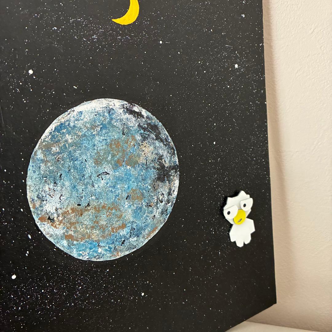 宇宙のアクリル画 地球と猫のキャラクター