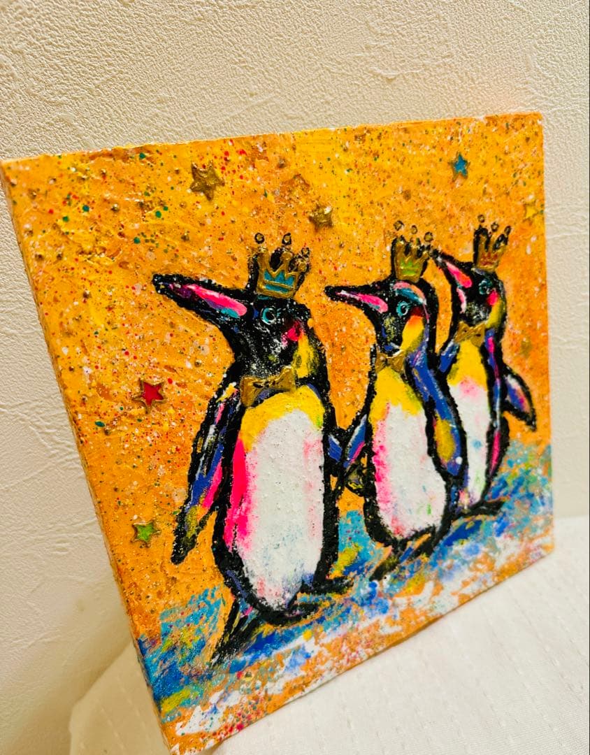 手描き ハンドメイド ポップアート 絵画【 ペンギンは、海の翼で飛び回る 】