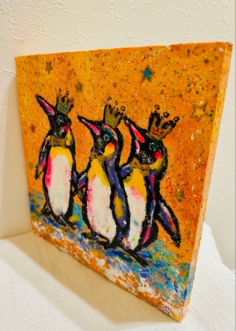 手描き ハンドメイド ポップアート 絵画【 ペンギンは、海の翼で飛び回る 】