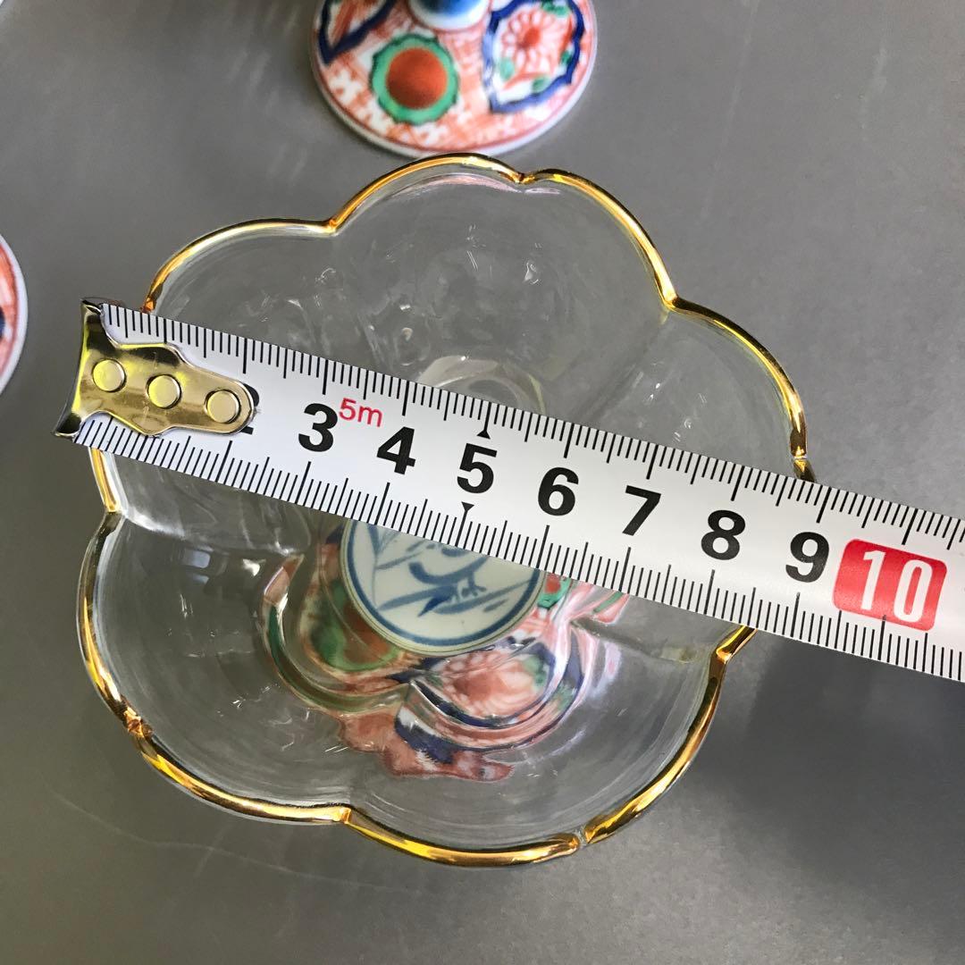 三洋陶器　龍峰窯　つみき　赤絵花鳥　ガラスデザート鉢揃　高台小鉢　輪花鉢　和食器