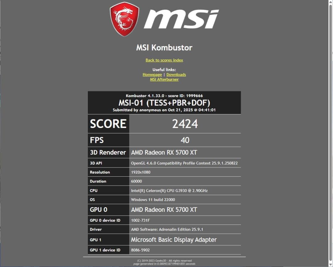 【元箱】MSI Radeon RX 5700 XT EVOKE OC 動作良好