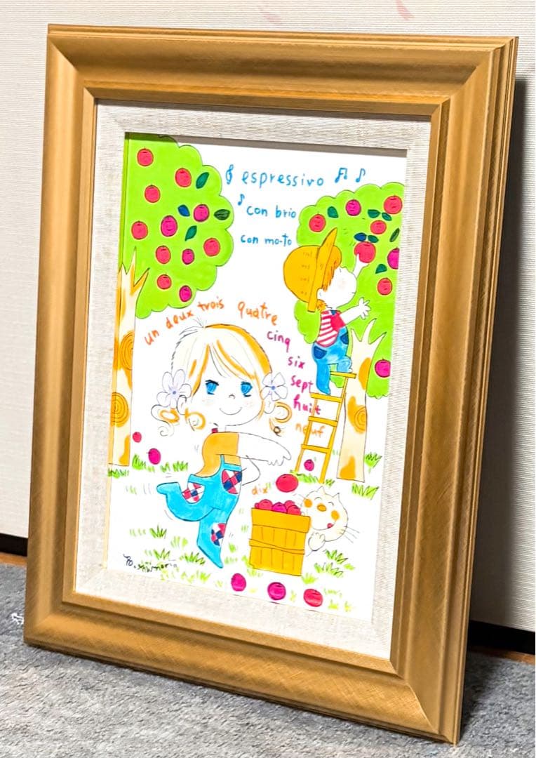 【F4号】手描き作品　水森亜土　額縁　サイン　未使用額　絵画　油彩　人気作品