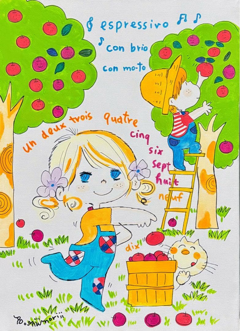 【F4号】手描き作品　水森亜土　額縁　サイン　未使用額　絵画　油彩　人気作品