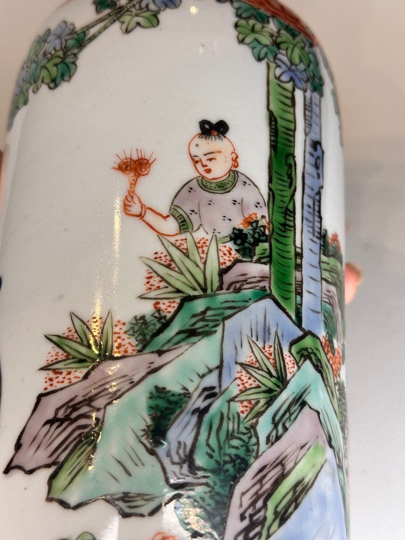 康熙葉子款 底部款識 人物童子戯図 彩絵 花瓶 中国古美術 时代物