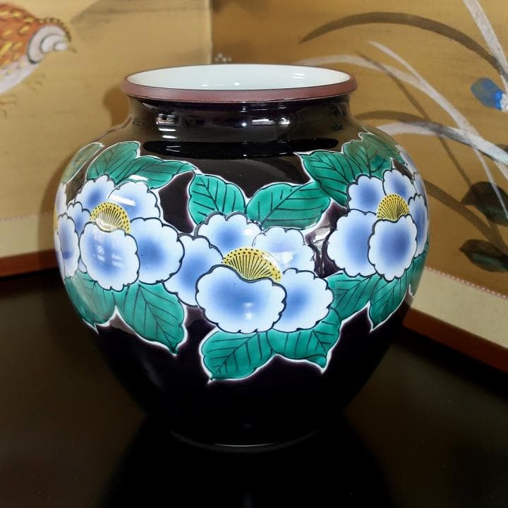【伝統工芸九谷焼】花瓶　染付山茶花　山上義正作　ギフト対応可