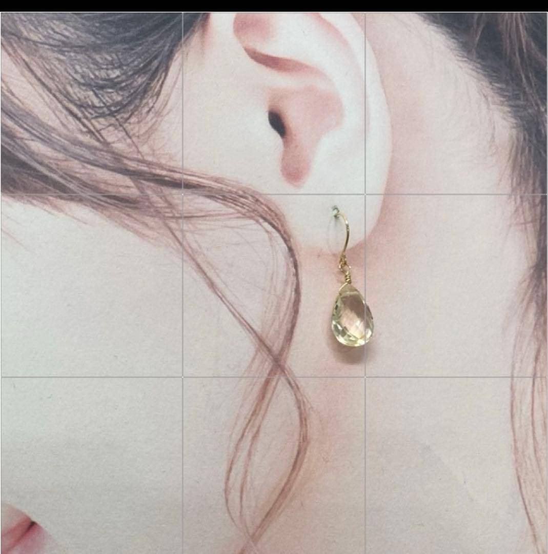 【エリリン】K18宝石質シトリンピアス、大きいフック、11月の誕生石