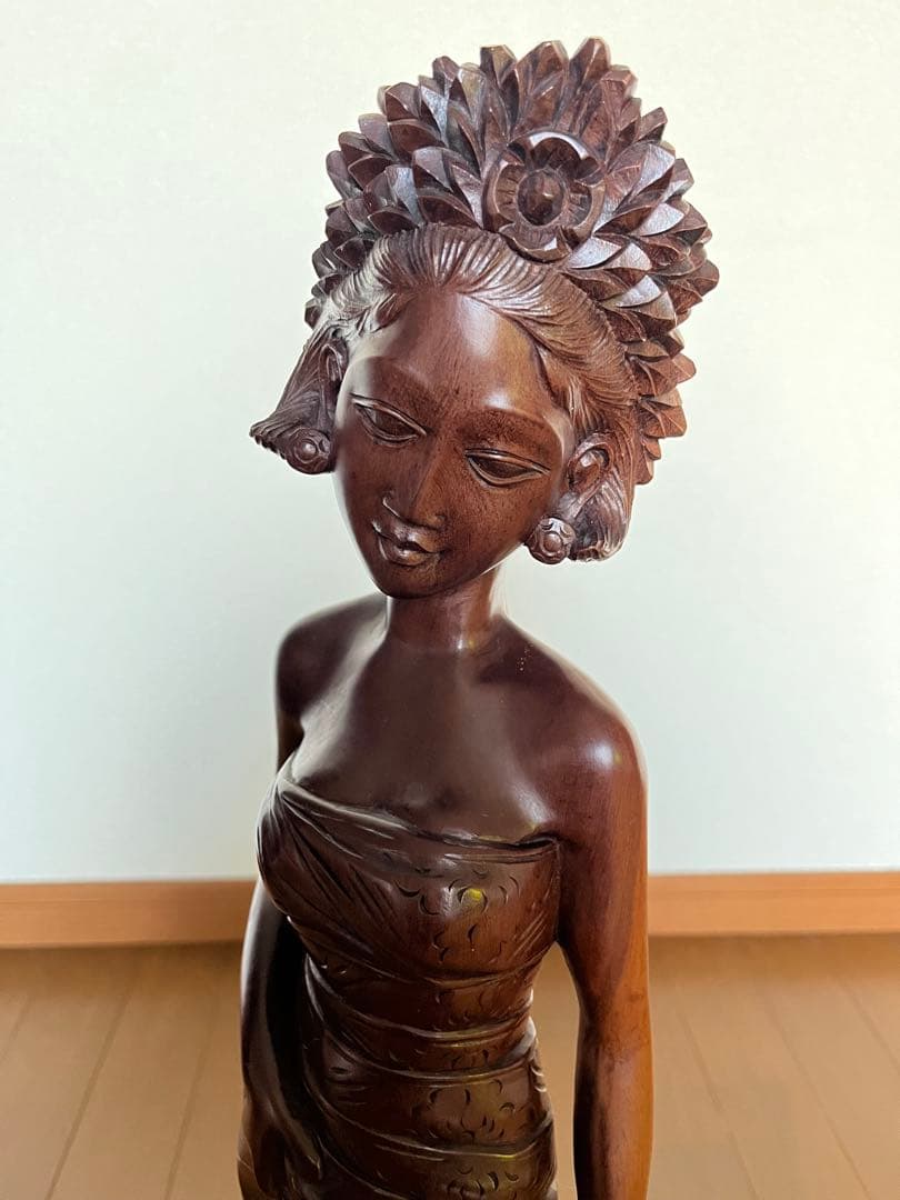 【特大60cm】バリ島 木彫り 女性像 高級 繊細彫刻 黒檀系 オブジェ 完品