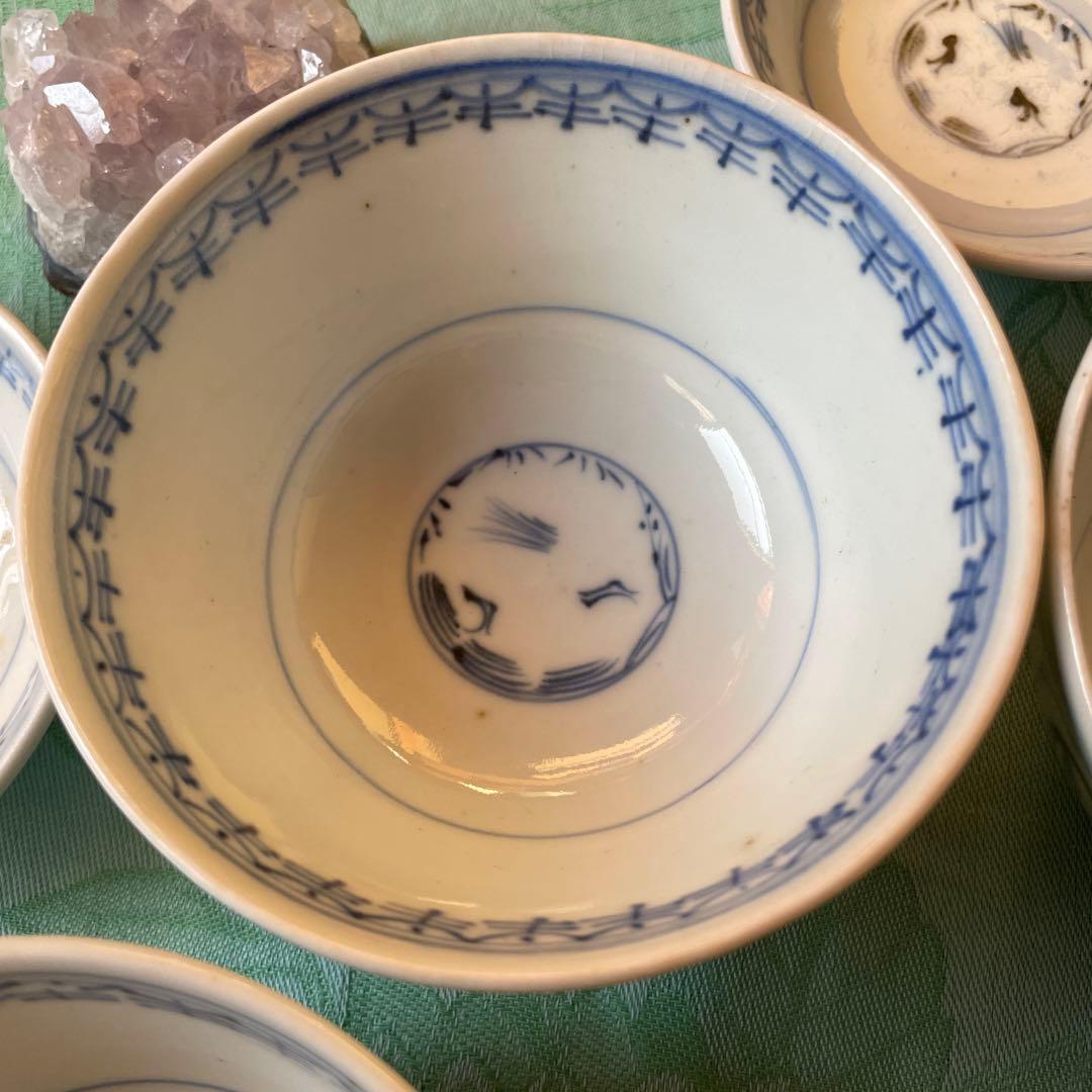 江戸時代　古伊万里　染付　龍　如意宝珠　吉祥紋様　珍品　染付蓋付ご飯茶碗　5客