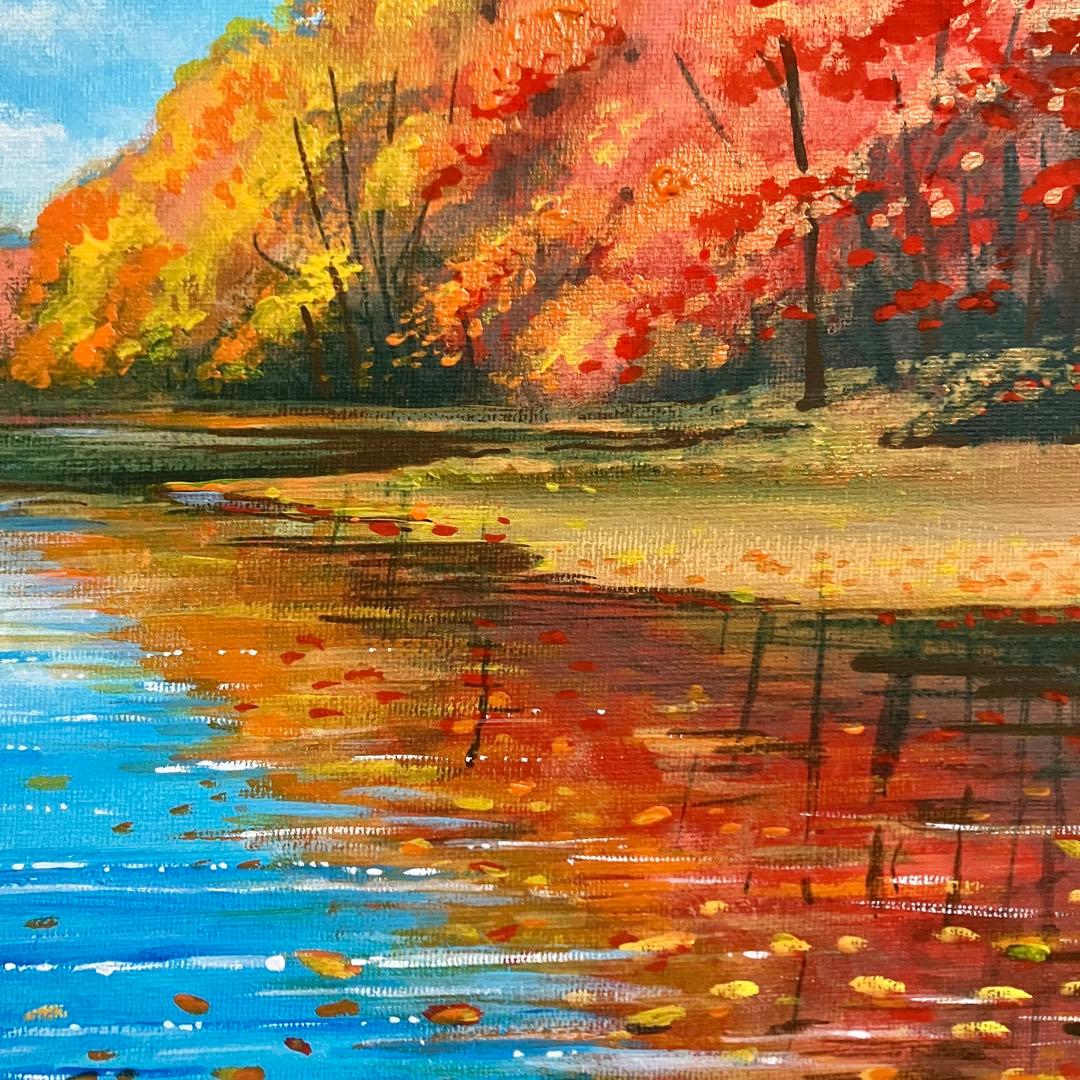 湖に映る秋＊絵画　原画　風景画　紅葉　落ち葉　　　プレゼント　インテリア