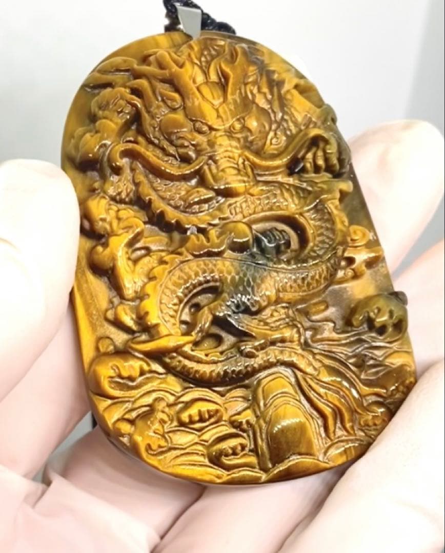 ブルーゴールドタイガーアイ 高浮彫り龍ペンダント ネックレス 高品質 天然石 龍