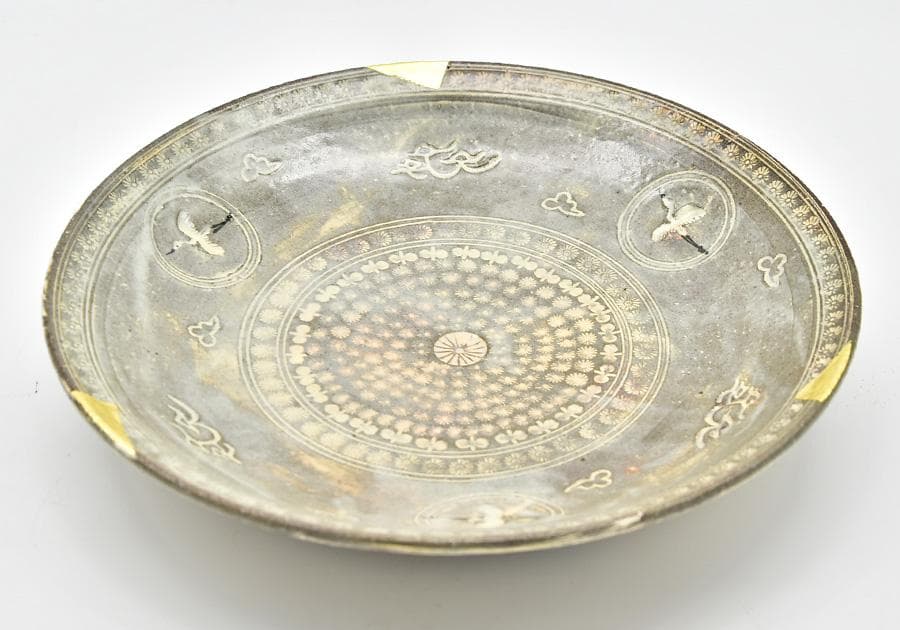 新品未使用 伯耆 正一作 金彩雲鶴 皿 飾皿 刷毛目 27cm 識箱共箱 皿立付