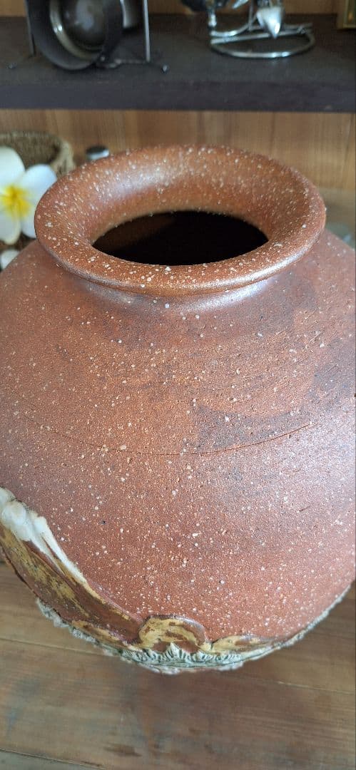 【大迫力】高浮彫 富士山 大壺 花器 40cm 松 帆船 縁起物 陶器 壺 置物