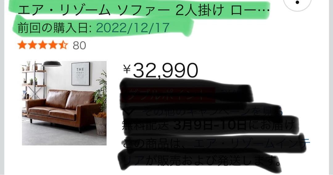 【美品】エア・リゾーム LAURU 2人掛けソファ ブラウン　3年間使用
