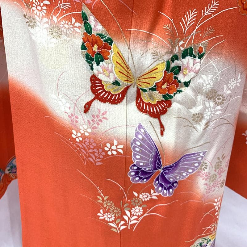 503ag94■七五三 七歳 女児 着物&袋帯 蝶 金彩 朱色■美品