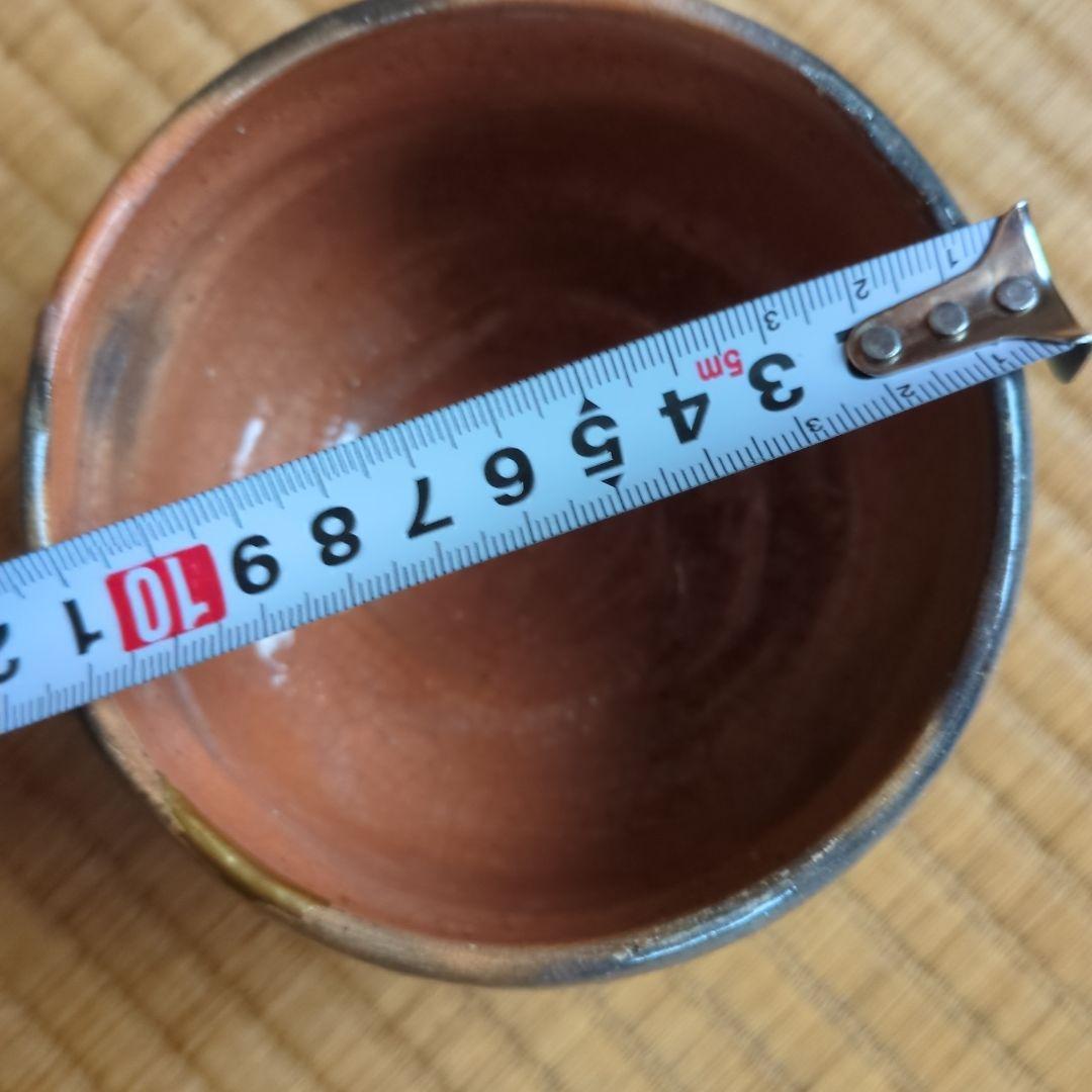 陶器製茶碗 黒とオレンジのグラデーション 木箱付き　９代了入