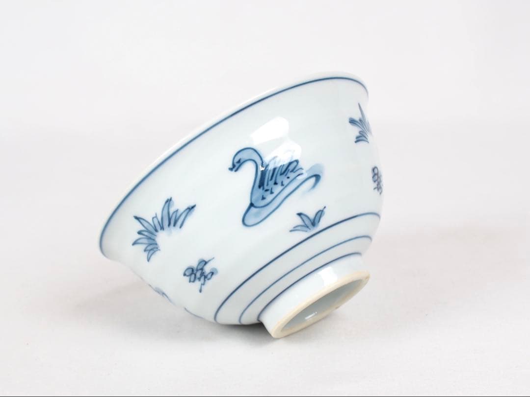 源右衛門窯 染付水鳥図 茶碗 飯碗 5客① (付属品：共箱)