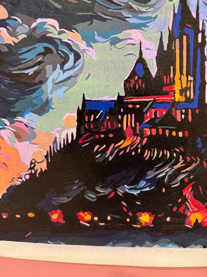 抽象的な城の風景画。ホグワーツ魔法学校。アクリル絵の具。
