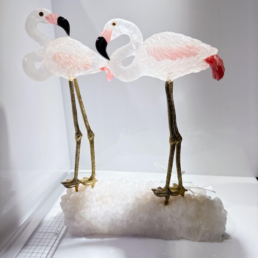 ブラジル産フラミンゴ彫刻水晶　ローズクォーツ　鳥