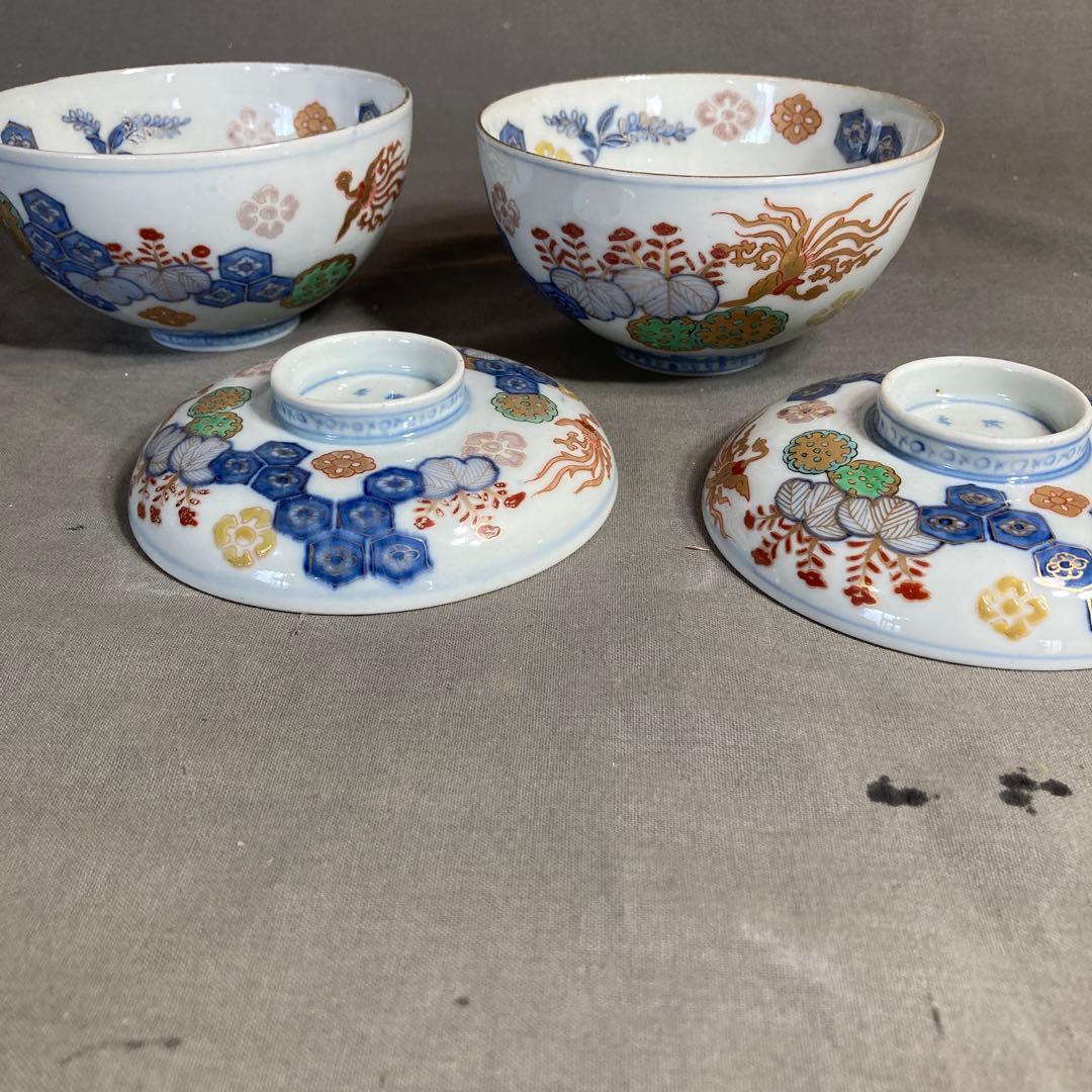 【古伊万里文】古伊万里の伝統　有田名窯　冨貴長春　染錦鳳凰桐亀甲文　蓋付飯碗二客