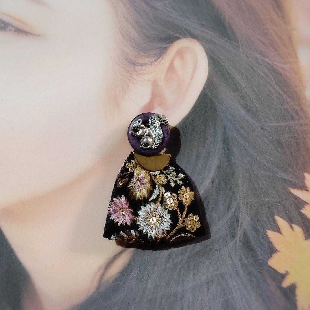 インド刺繍リボンタッセル×ボタンピアス 2way仕様