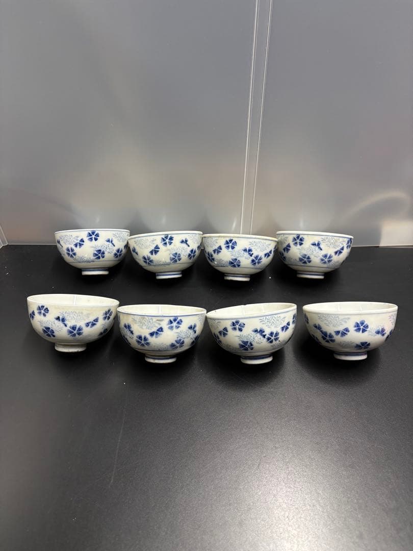 古伊万里 染付草花紋 五弁花 江戸期〜明治期 お猪口 湯呑み ８客 陶器