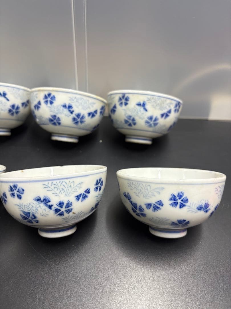 古伊万里 染付草花紋 五弁花 江戸期〜明治期 お猪口 湯呑み ８客 陶器
