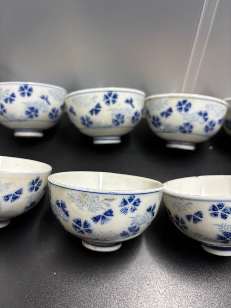 古伊万里 染付草花紋 五弁花 江戸期〜明治期 お猪口 湯呑み ８客 陶器