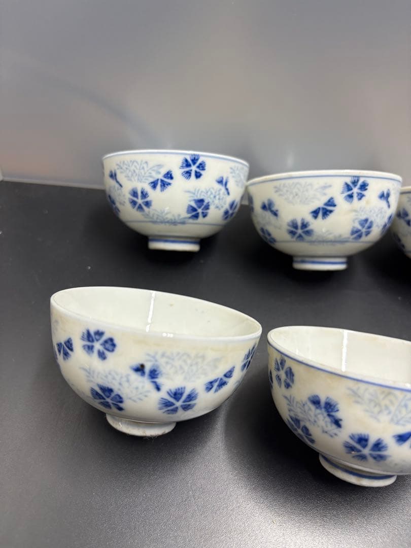 古伊万里 染付草花紋 五弁花 江戸期〜明治期 お猪口 湯呑み ８客 陶器