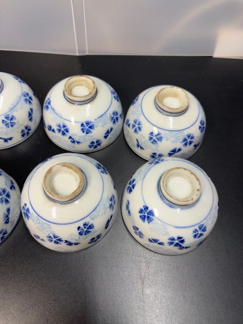 古伊万里 染付草花紋 五弁花 江戸期〜明治期 お猪口 湯呑み ８客 陶器