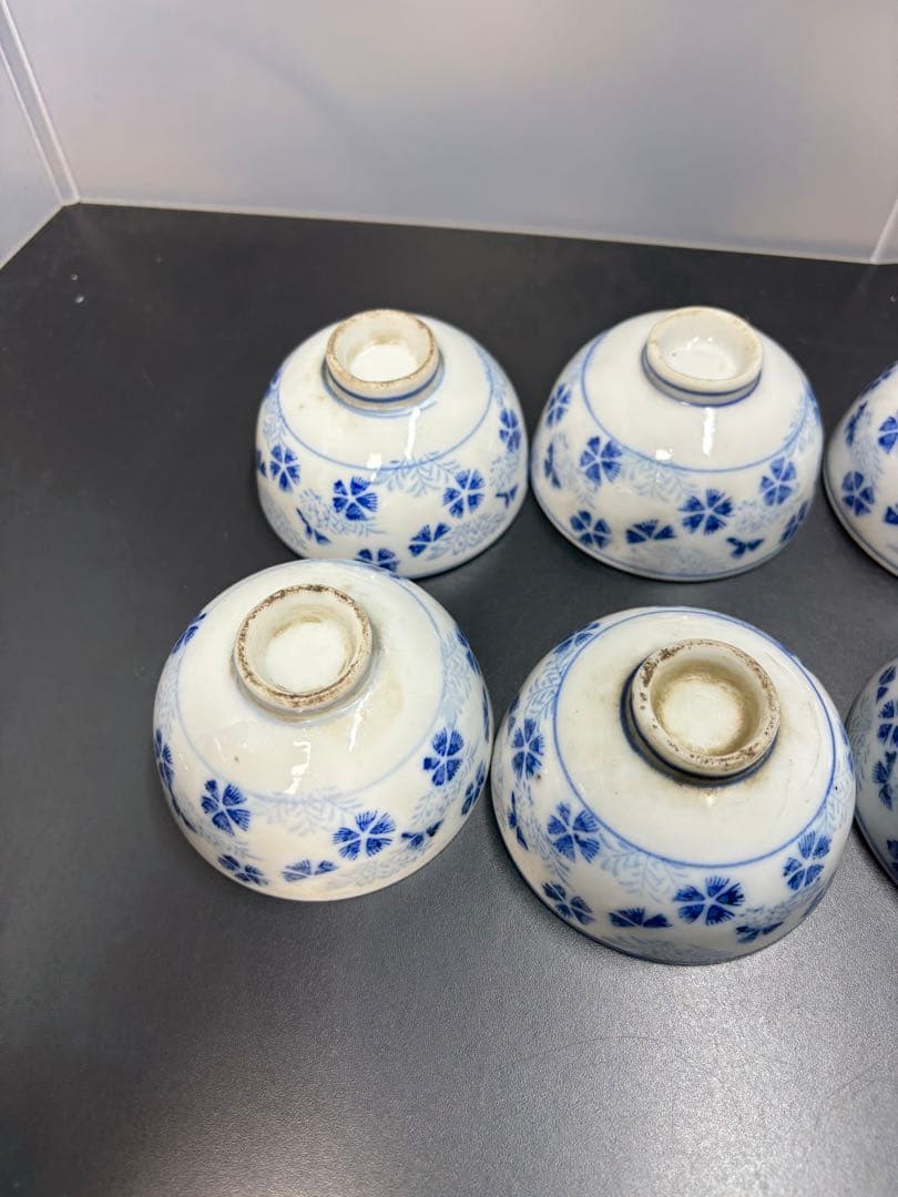 古伊万里 染付草花紋 五弁花 江戸期〜明治期 お猪口 湯呑み ８客 陶器