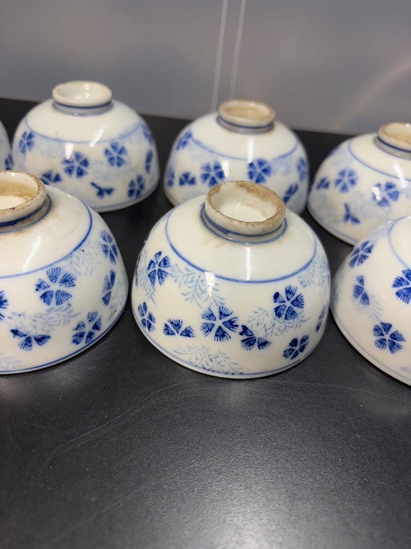 古伊万里 染付草花紋 五弁花 江戸期〜明治期 お猪口 湯呑み ８客 陶器