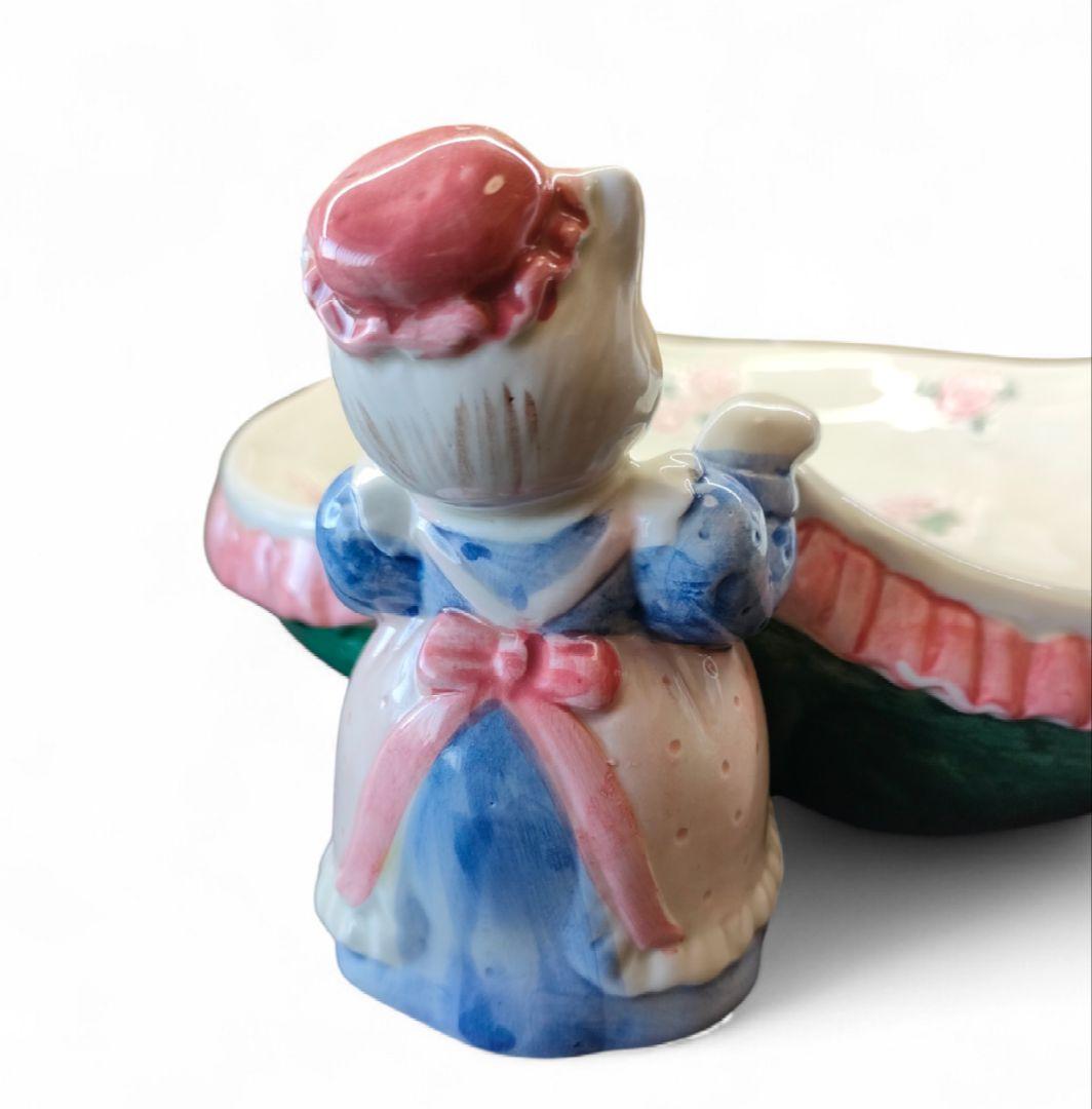 ​希少✨ 3匹のメイド猫 陶器トレイ バラ模様 大皿 菓子鉢 アンティーク調