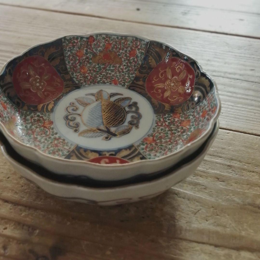 古伊万里　花唐草　葉唐草　唐花　桃図　色絵　輪花　なます皿　２客