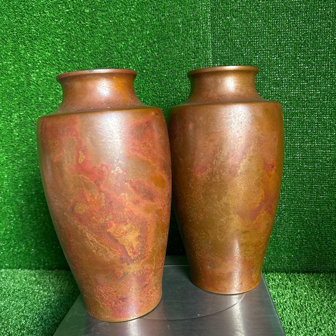 【a 187】時代物（青銅鋳物 雅山？刻印あり）花器 花瓶 一対 高さ約24㌢