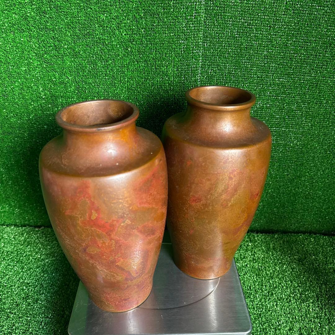 【a 187】時代物（青銅鋳物 雅山？刻印あり）花器 花瓶 一対 高さ約24㌢