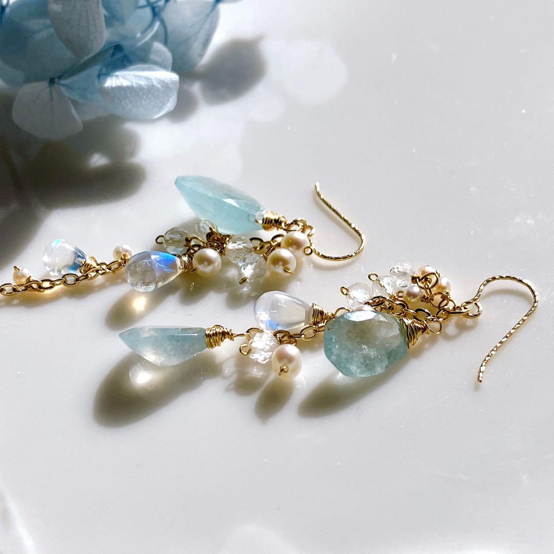 シンデレラアクアマリン アシンメトリーピアス✧14kgf