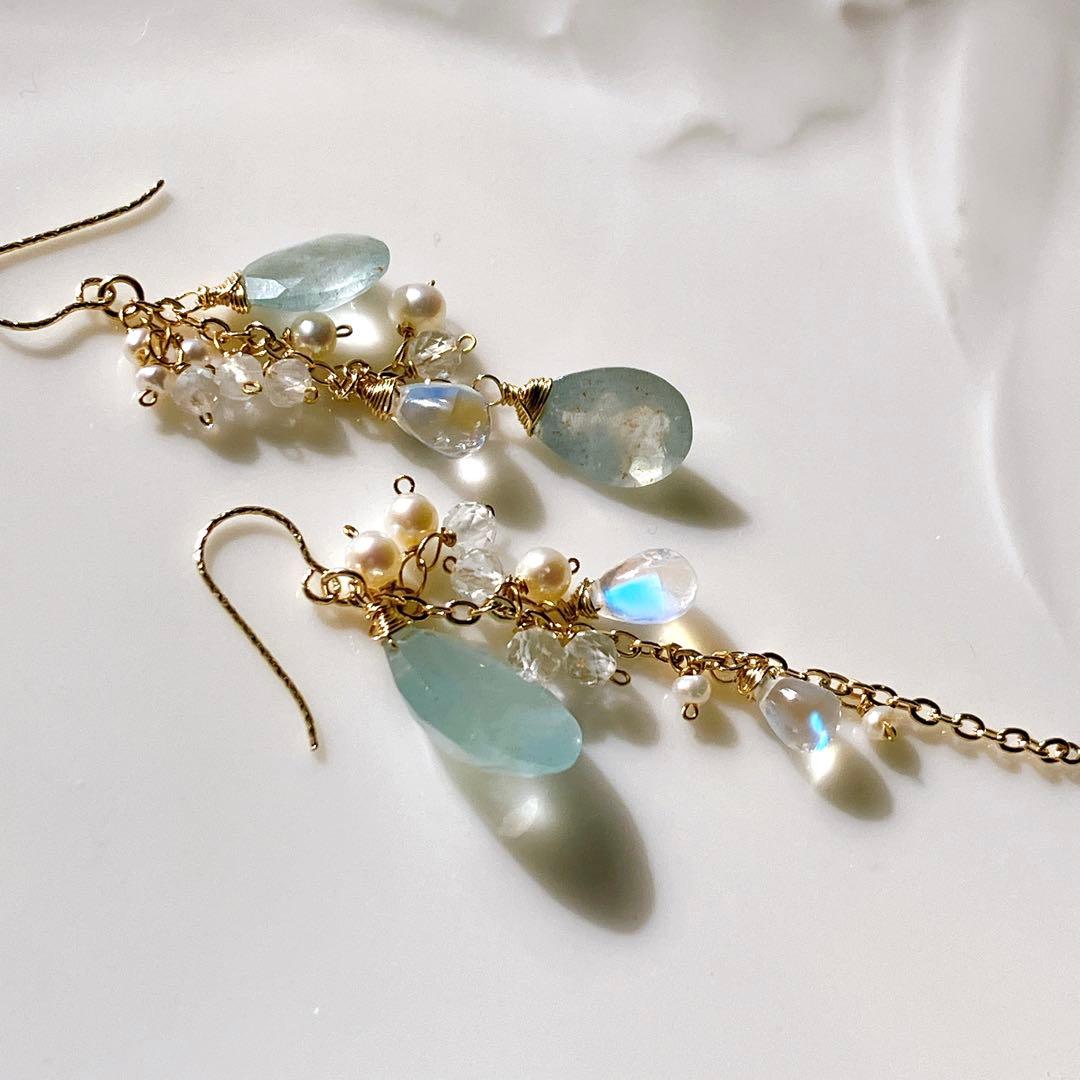 シンデレラアクアマリン アシンメトリーピアス✧14kgf