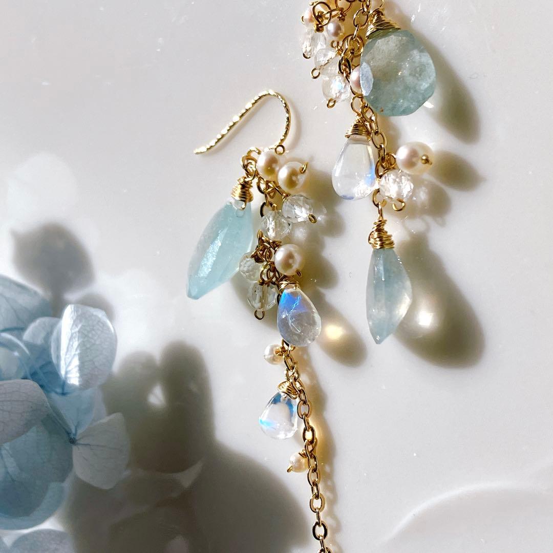 シンデレラアクアマリン アシンメトリーピアス✧14kgf
