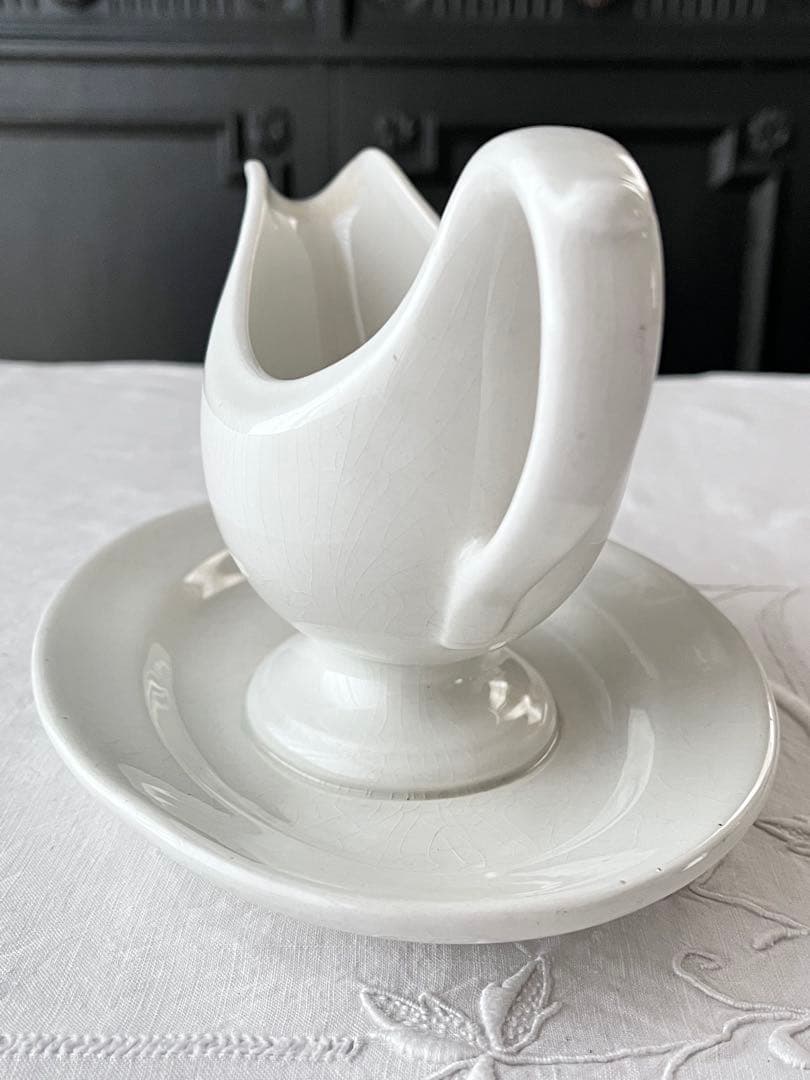 【美品】フランスアンティーク ホワイト陶器のソーシエールおさじセット[3817]