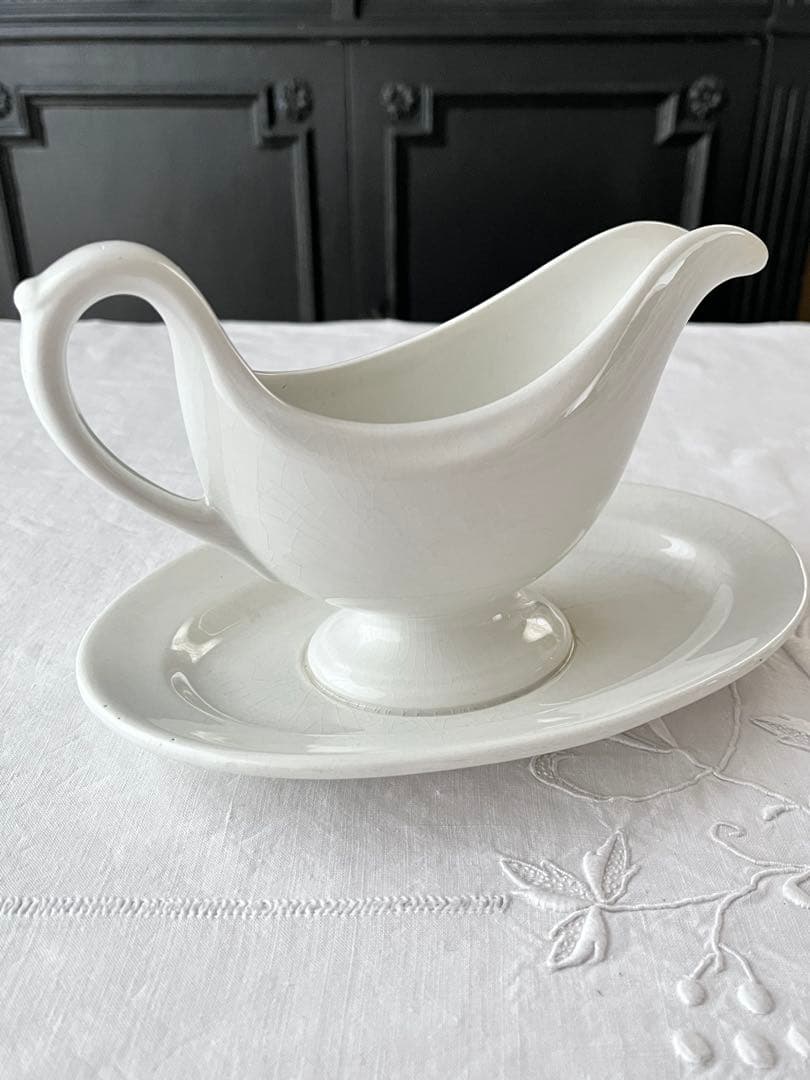 【美品】フランスアンティーク ホワイト陶器のソーシエールおさじセット[3817]
