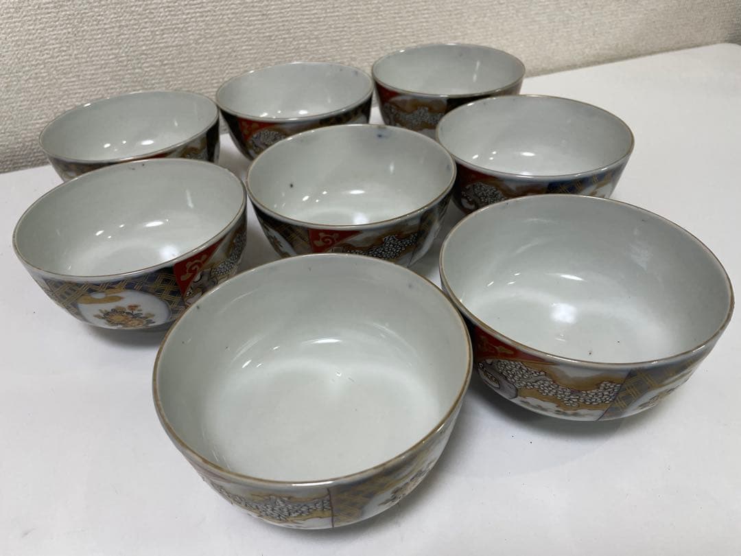 【現状品】古伊万里 陶器 蓋付茶碗 煮付椀 赤絵 金彩 菊柄 割烹 懐石 8個