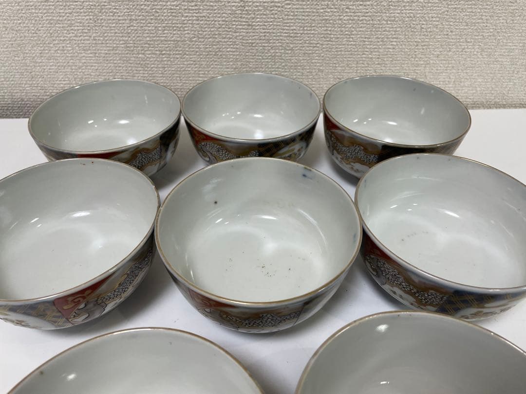 【現状品】古伊万里 陶器 蓋付茶碗 煮付椀 赤絵 金彩 菊柄 割烹 懐石 8個