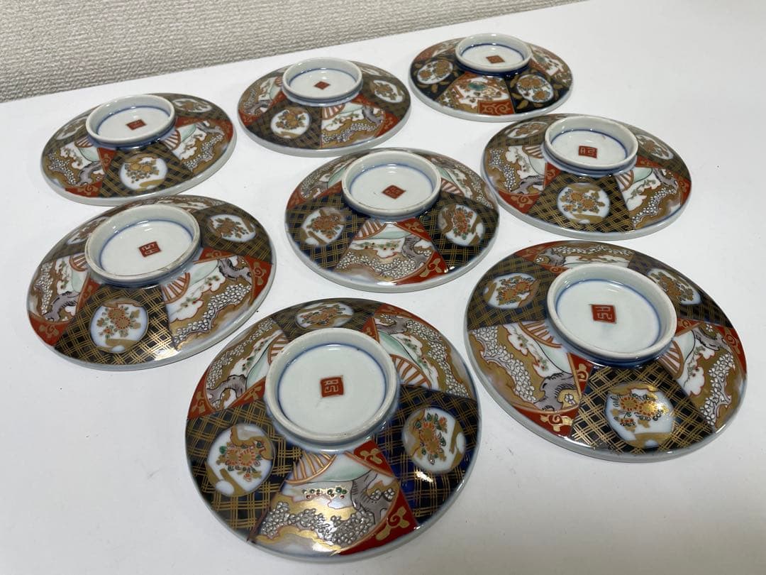 【現状品】古伊万里 陶器 蓋付茶碗 煮付椀 赤絵 金彩 菊柄 割烹 懐石 8個