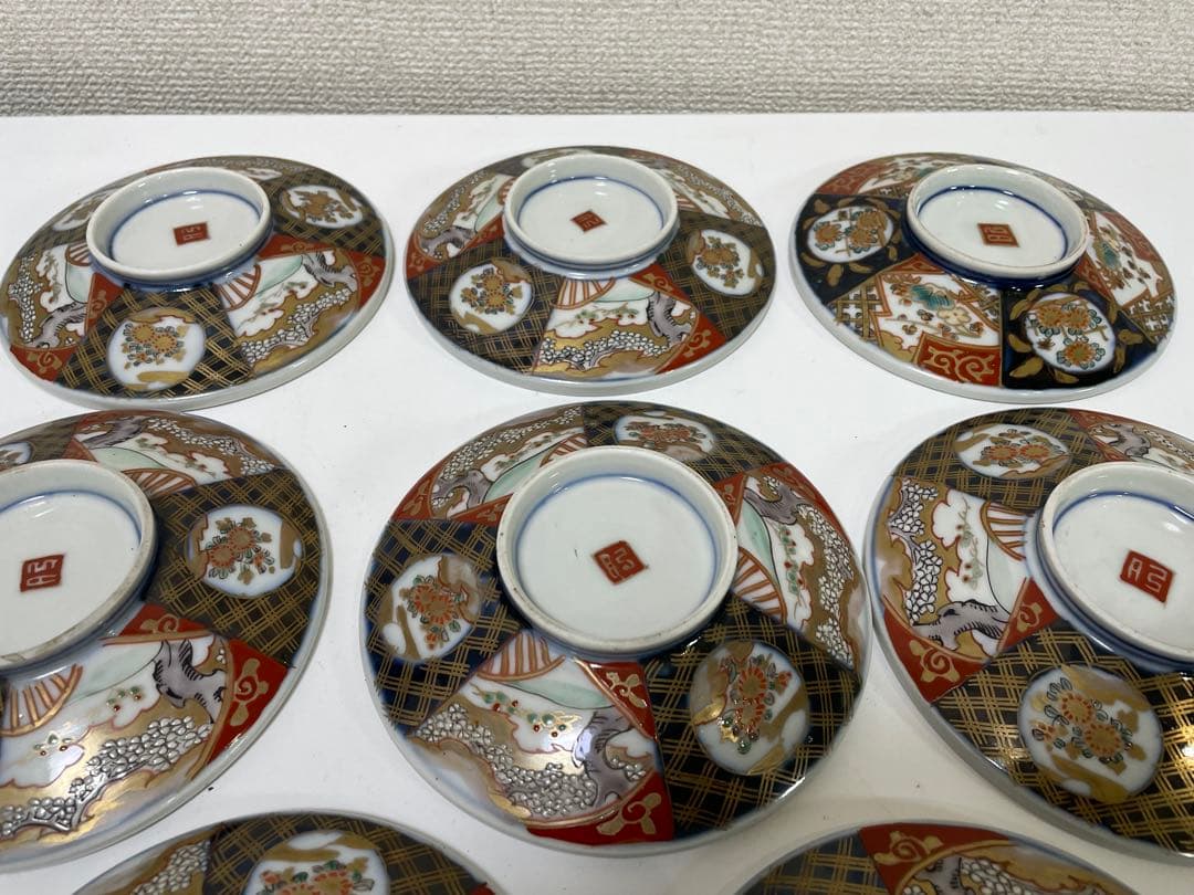 【現状品】古伊万里 陶器 蓋付茶碗 煮付椀 赤絵 金彩 菊柄 割烹 懐石 8個