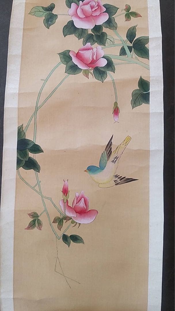中国絵画 絹本彩色 花鳥図 掛け軸 アンティーク 中国美術 唐物