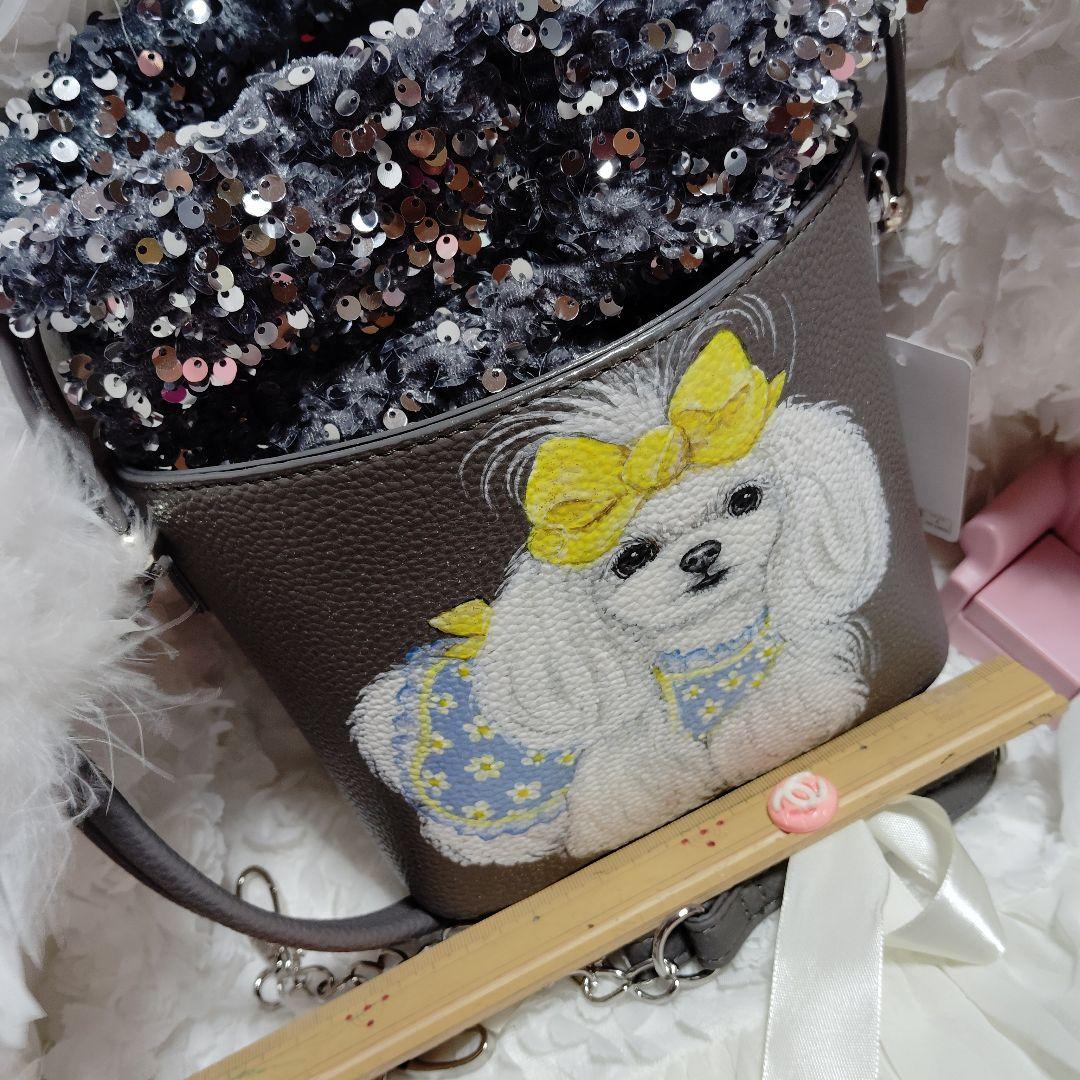 トールペイント犬バック合皮スパンコールショルダーバック♡マルチーズトイプードル♡
