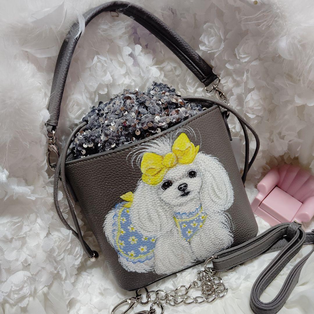 トールペイント犬バック合皮スパンコールショルダーバック♡マルチーズトイプードル♡