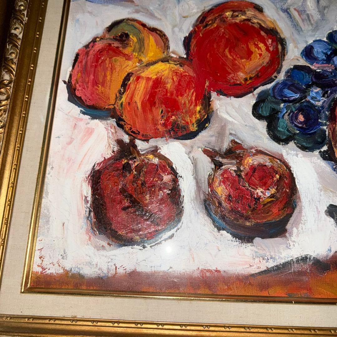 高桑マリア　桃とブドウ　額装　油彩　静物画　サイン入り